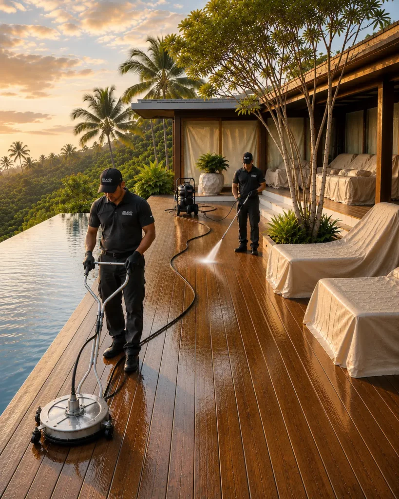 Deux techniciens Island Pressure nettoyant une terrasse en teck de villa de luxe à Bali avec un surface cleaner et un pressure washer professionnel, dans une ambiance tropicale haut de gamme en fin de journée.