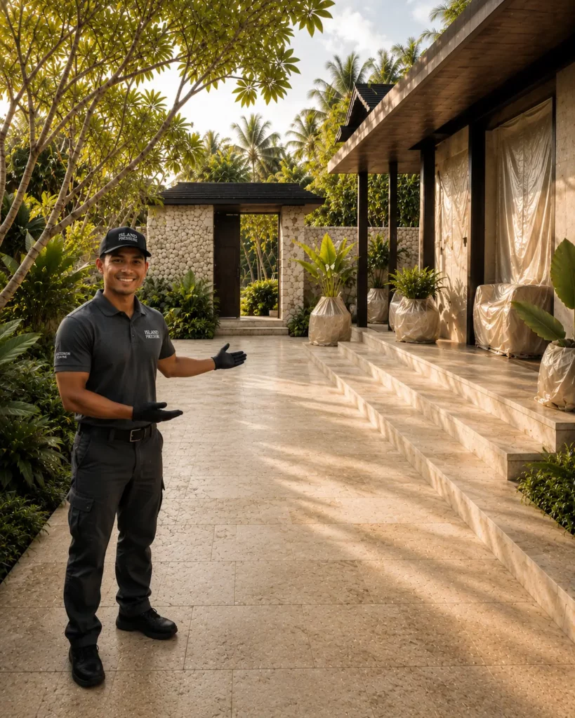 Luxury villa entrance in Bali maintained by Island Pressure with protected furnishings, natural stone surfaces and hospitality-grade exterior presentation.