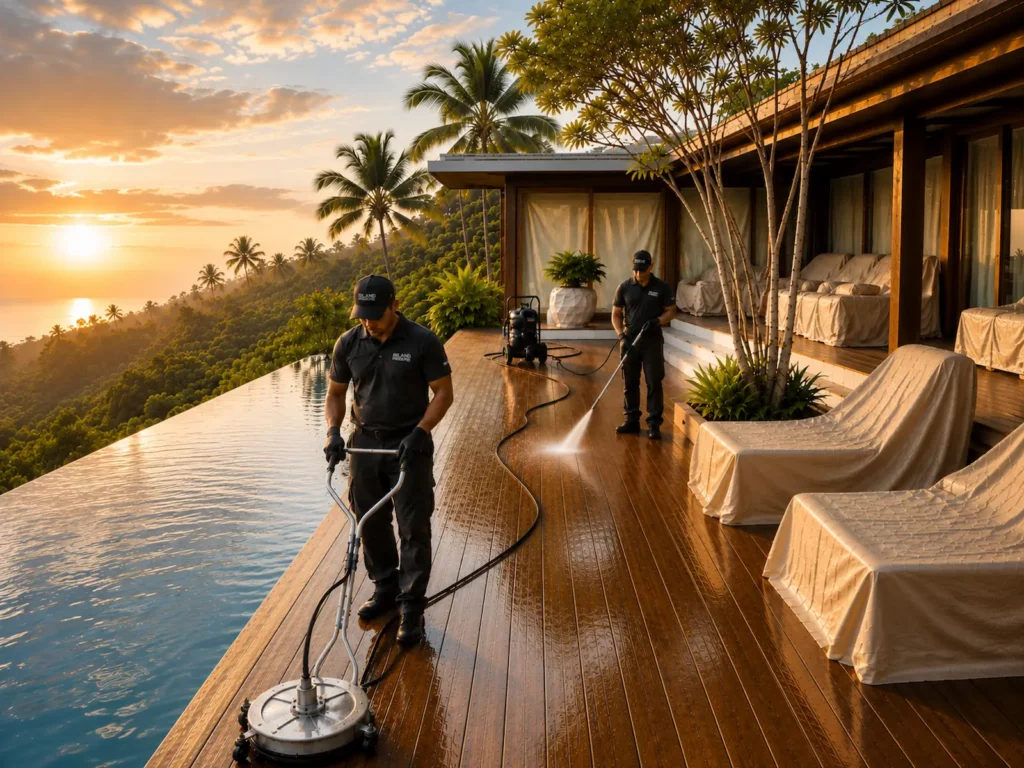 Deux techniciens Island Pressure en uniforme gris anthracite nettoyant une terrasse en teck de villa de luxe à Bali avec un surface cleaner et un pressure washer professionnel, mobilier protégé et vue tropicale en fin de journée.