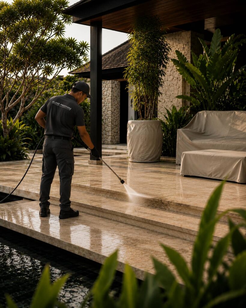 Luxury hospitality technician performing detailed natural stone surface finishing at a tropical property in Bali