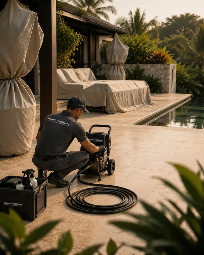 Luxury hospitality exterior maintenance technician preparing premium operations beside a tropical pool terrace in Bali