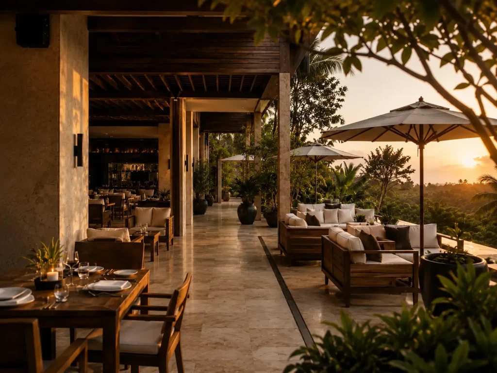 Luxury tropical hospitality outdoor lounge and dining terrace in Bali with restored stone surfaces