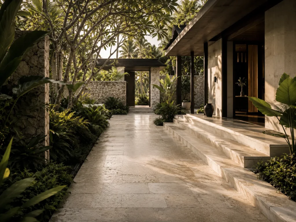 Luxury tropical hospitality pathway in Bali with restored natural stone surfaces and refined landscaping