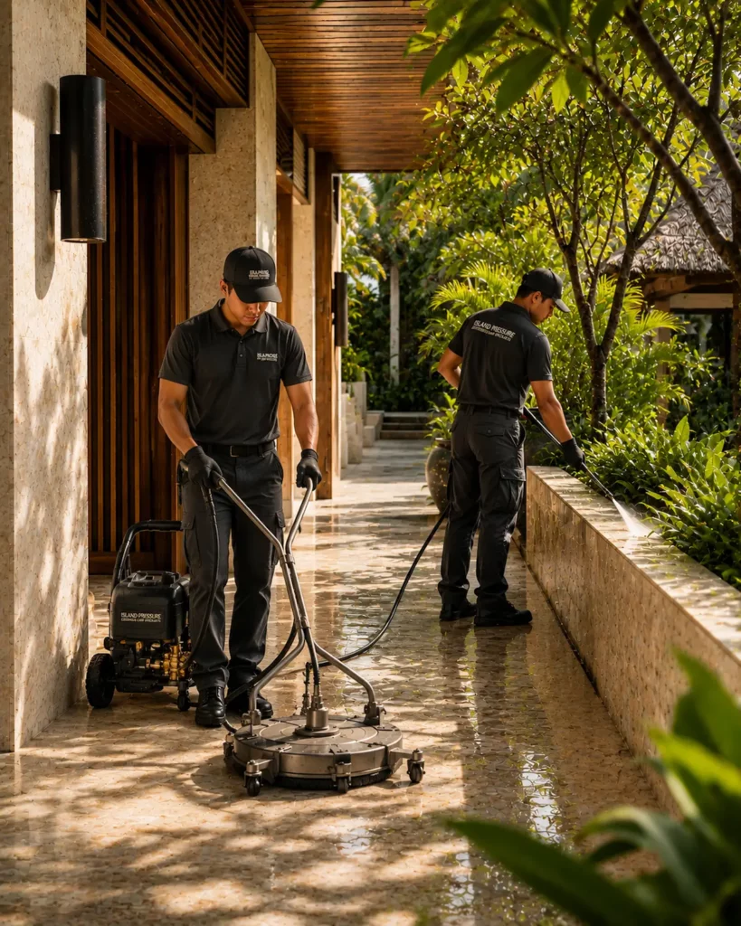 Luxury hospitality maintenance technician inspecting restored natural stone surfaces at a tropical property in Bali