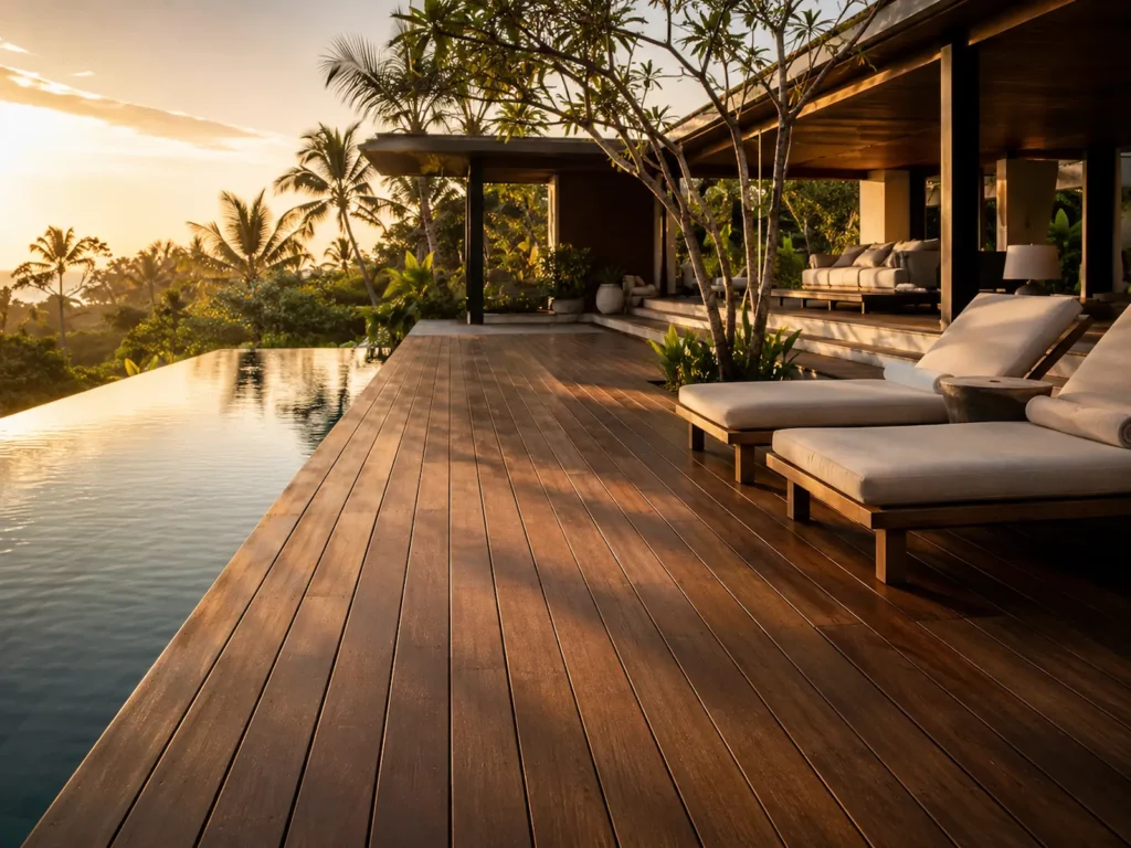 Luxury tropical teak pool deck in Bali with restored hardwood surfaces and hospitality atmosphere