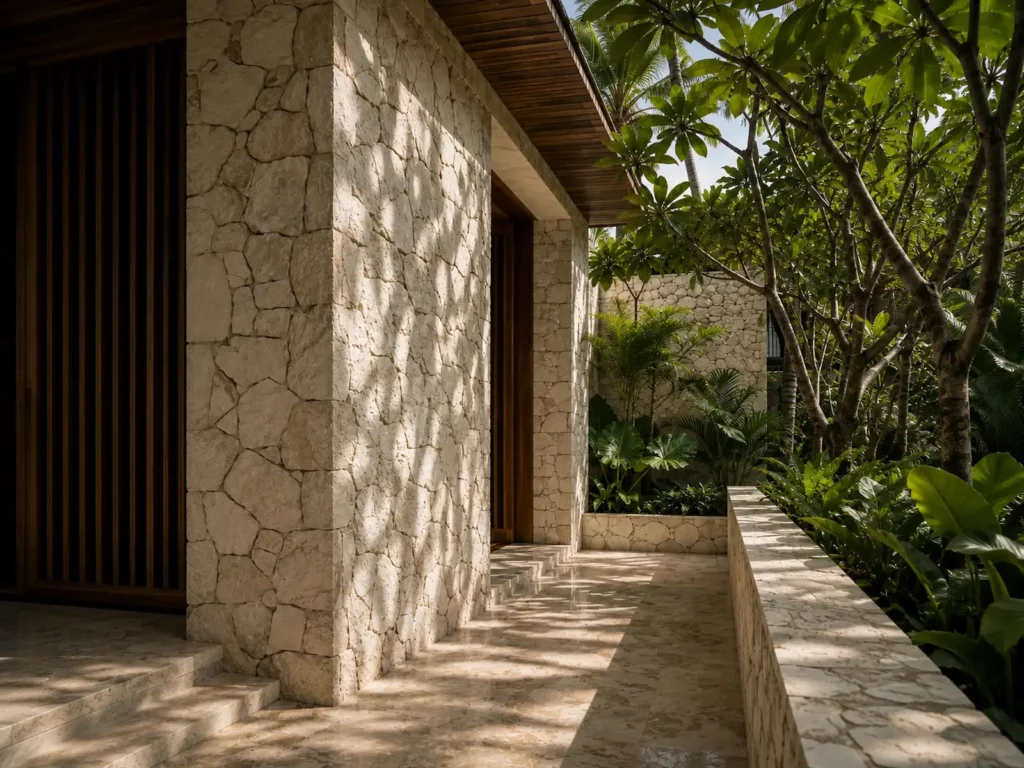 Luxury tropical stone architecture in Bali with restored natural limestone surfaces and hospitality atmosphere