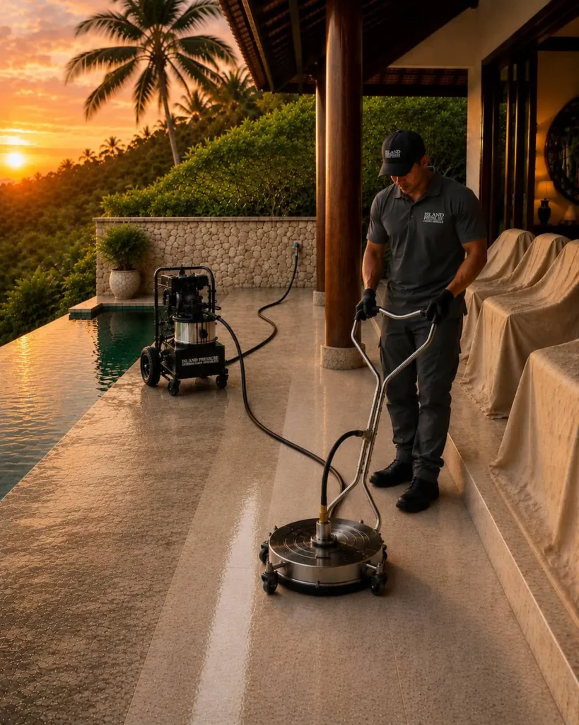 Technicien Island Pressure en uniforme gris anthracite nettoyant une terrasse de villa de luxe à Bali avec un surface cleaner relié à un pressure washer professionnel au coucher du soleil.
