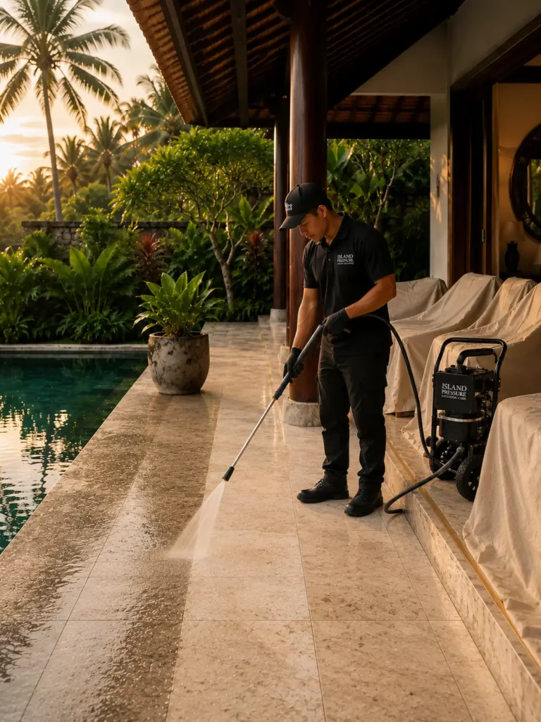 Premium hospitality exterior care operations at a luxury Bali villa with protected furniture and organized setup