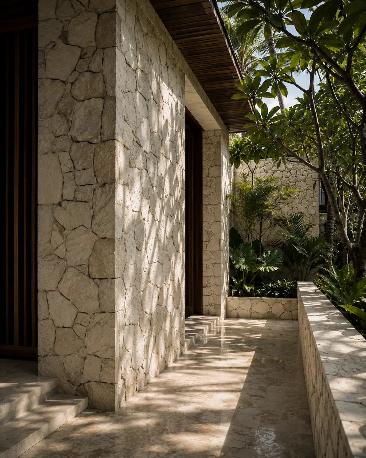 Tropical stone wall surface care in Bali hospitality property